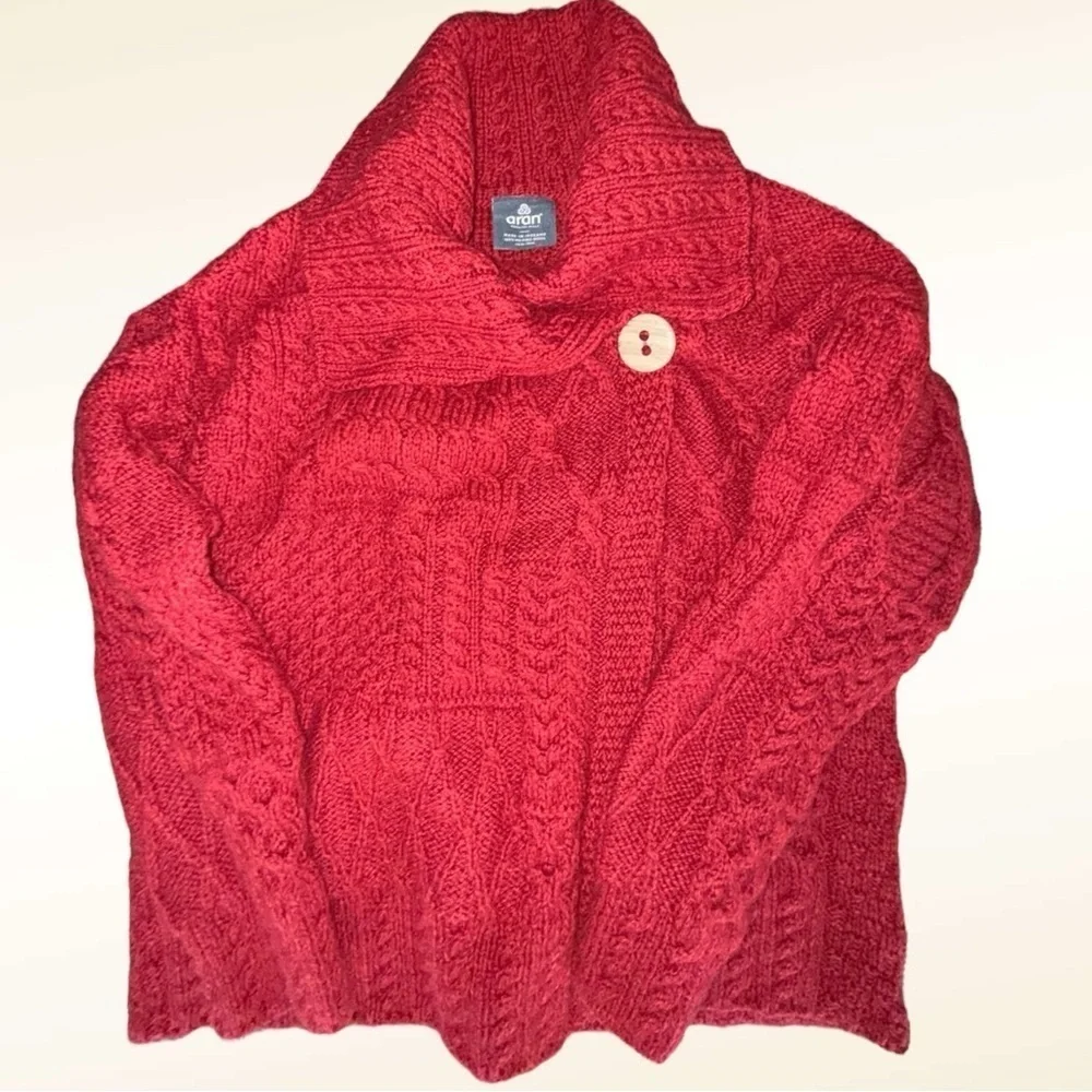 Aran Red Wool Cardigan Irish Patchwork Wrap Button Collar Merino XL